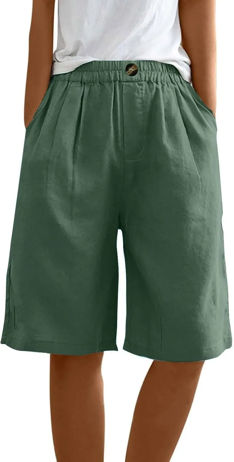 Linen Shorts for Women 2025 Summer Casual Wide Leg Pants Drawstring High Waist Bermuda Pants with Pockets Casual Beach Shorts