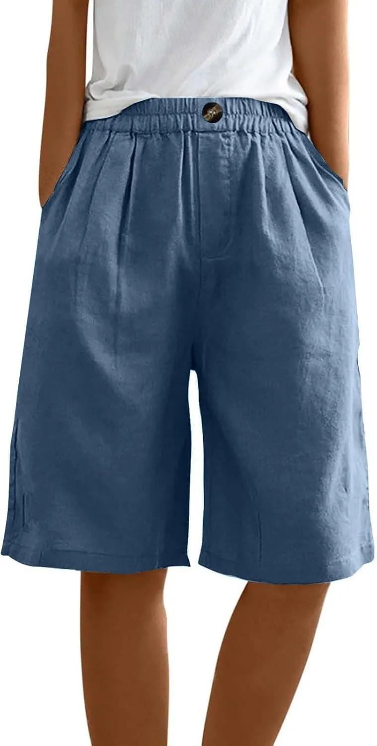 Linen Shorts for Women 2025 Summer Casual Wide Leg Pants Drawstring High Waist Bermuda Pants with Pockets Casual Beach Shorts