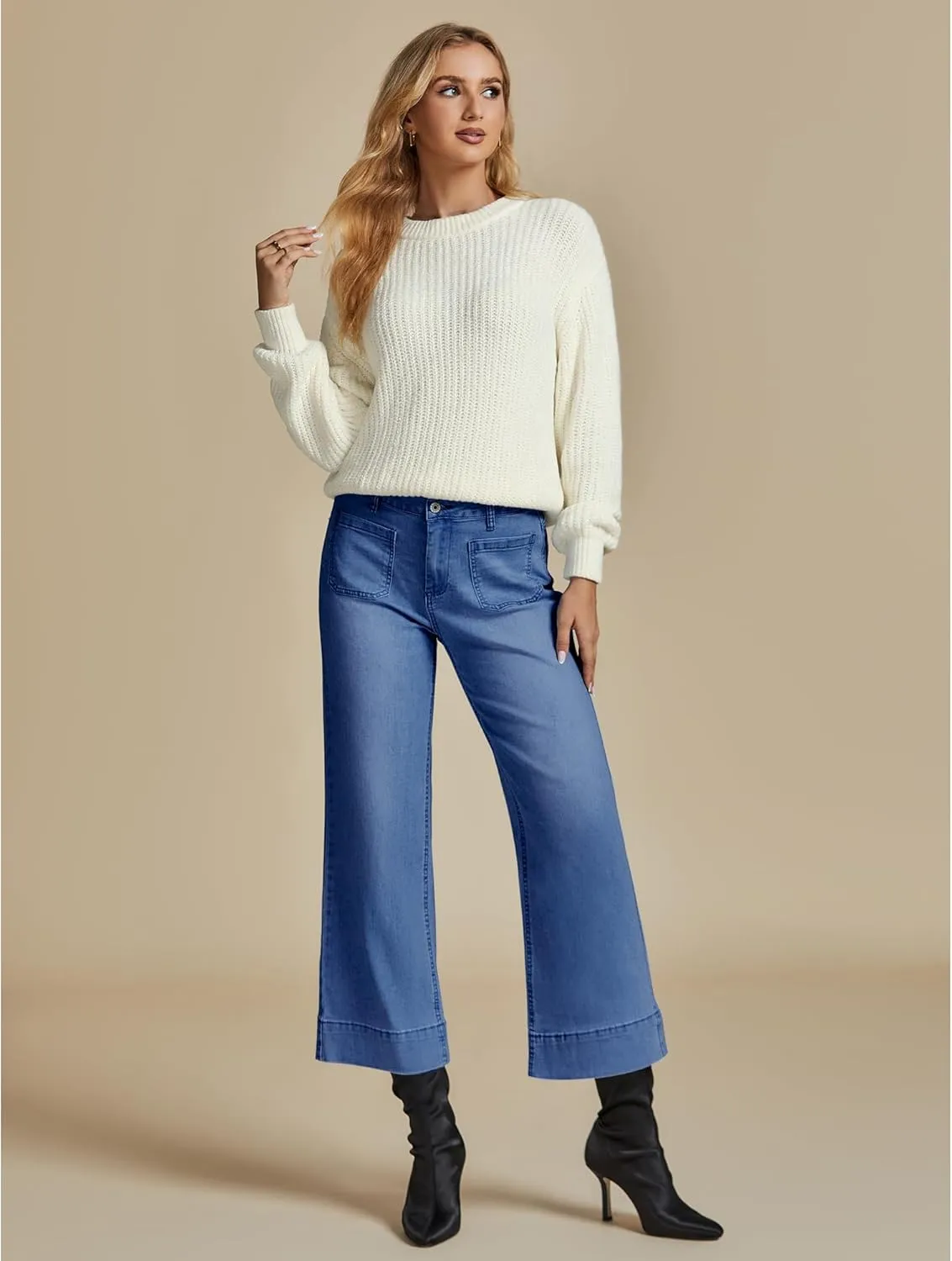 LookbookStore Wide Leg Cropped Jeans for Women High Waisted Stretchy Denim Jean Pants Baggy Flare Trouser Jeans Pockets