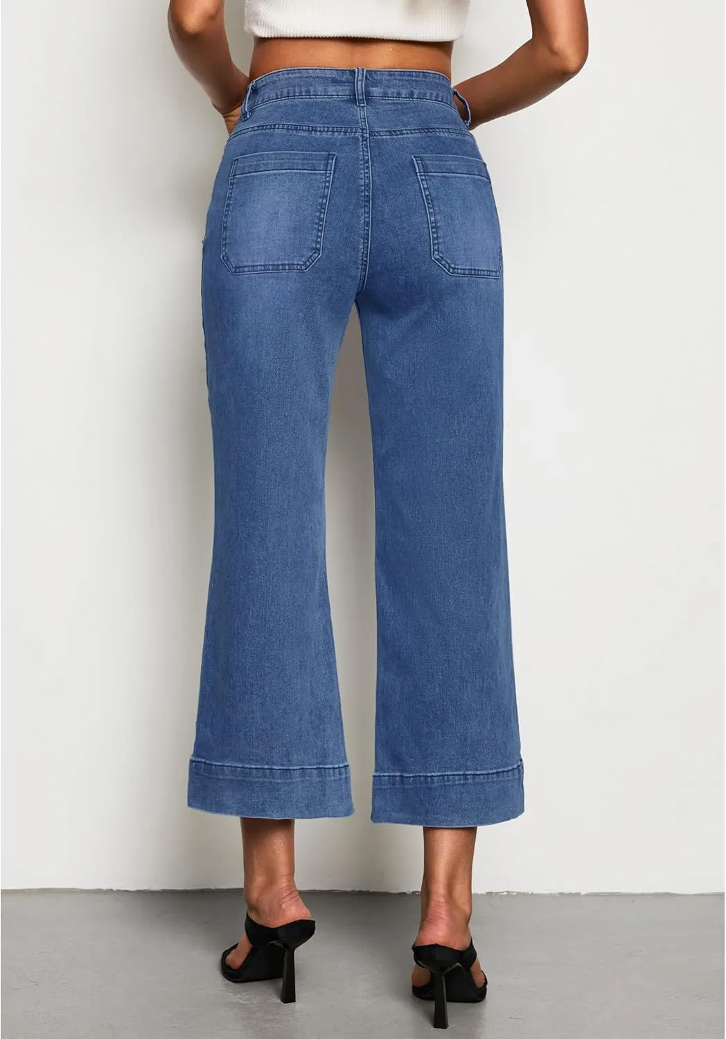 LookbookStore Wide Leg Cropped Jeans for Women High Waisted Stretchy Denim Jean Pants Baggy Flare Trouser Jeans Pockets