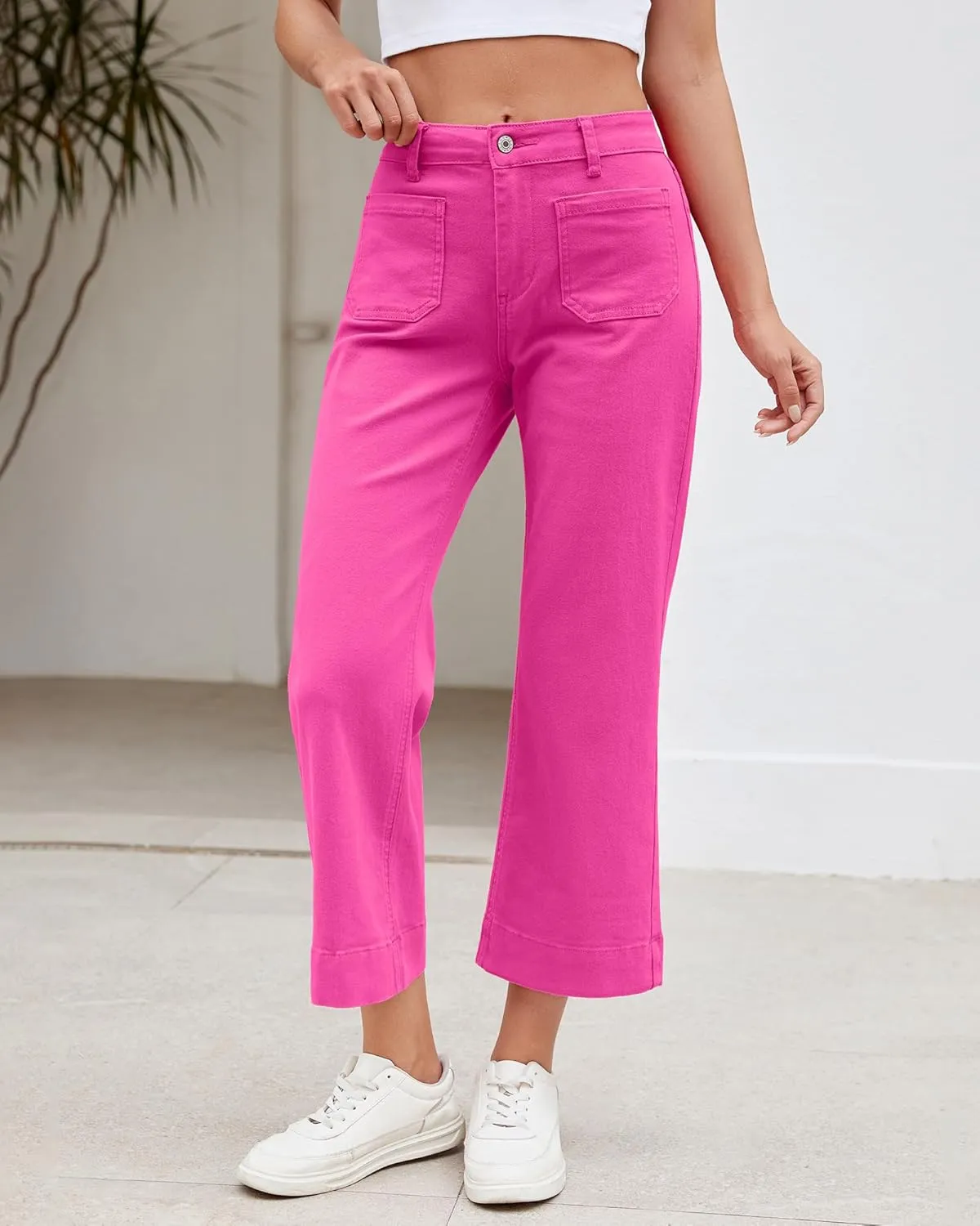 LookbookStore Wide Leg Cropped Jeans for Women High Waisted Stretchy Denim Jean Pants Baggy Flare Trouser Jeans Pockets