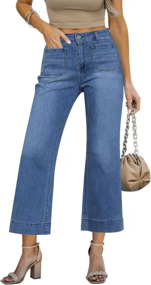 LookbookStore Wide Leg Cropped Jeans for Women High Waisted Stretchy Denim Jean Pants Baggy Flare Trouser Jeans Pockets