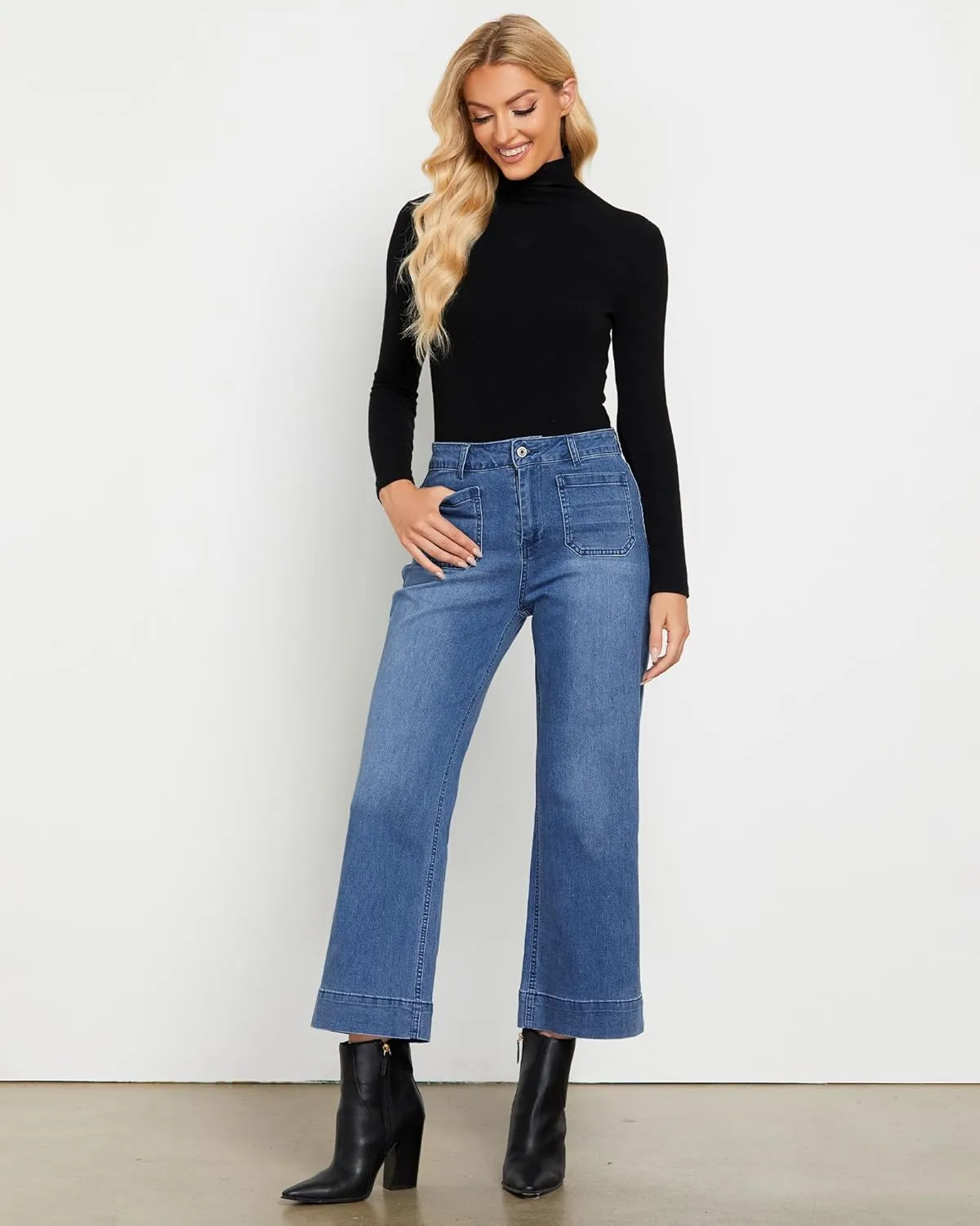 LookbookStore Wide Leg Cropped Jeans for Women High Waisted Stretchy Denim Jean Pants Baggy Flare Trouser Jeans Pockets