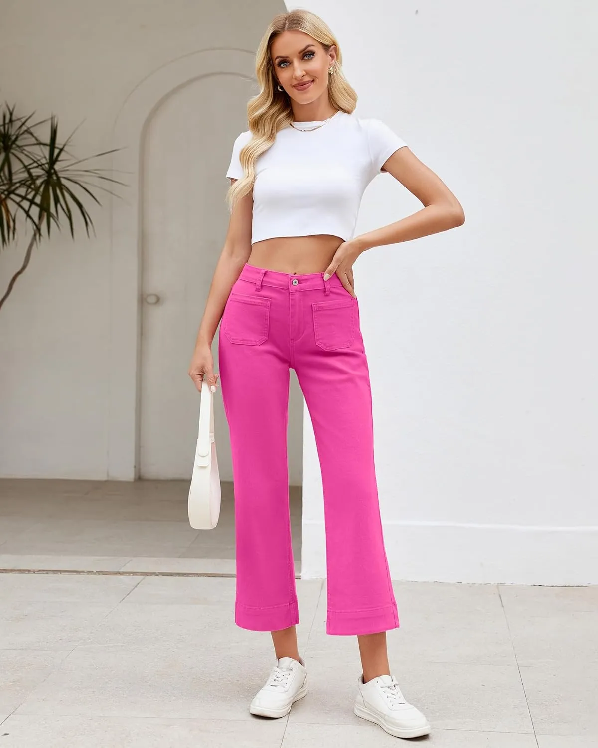 LookbookStore Wide Leg Cropped Jeans for Women High Waisted Stretchy Denim Jean Pants Baggy Flare Trouser Jeans Pockets