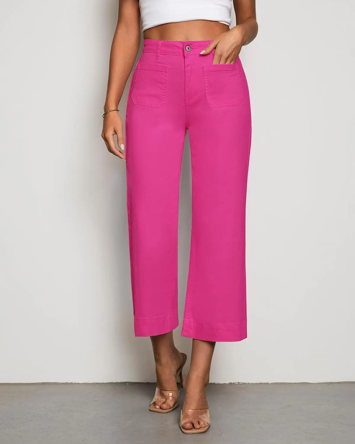 LookbookStore Wide Leg Cropped Jeans for Women High Waisted Stretchy Denim Jean Pants Baggy Flare Trouser Jeans Pockets