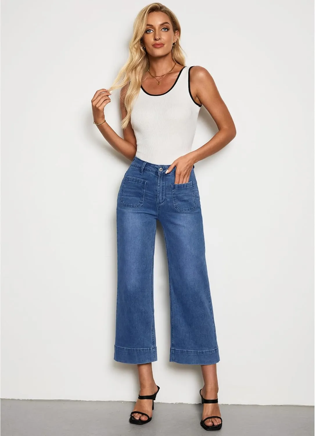 LookbookStore Wide Leg Cropped Jeans for Women High Waisted Stretchy Denim Jean Pants Baggy Flare Trouser Jeans Pockets