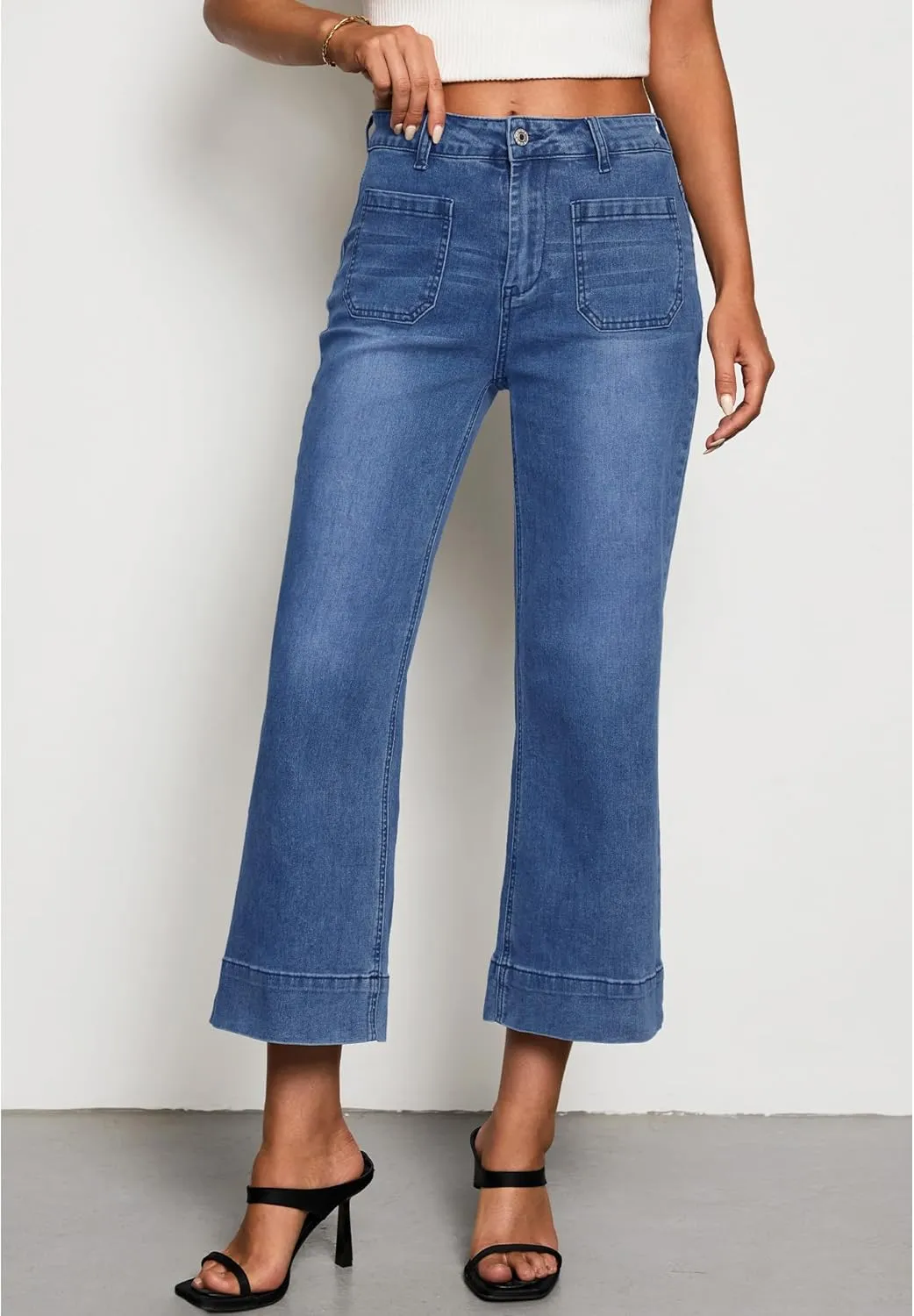 LookbookStore Wide Leg Cropped Jeans for Women High Waisted Stretchy Denim Jean Pants Baggy Flare Trouser Jeans Pockets