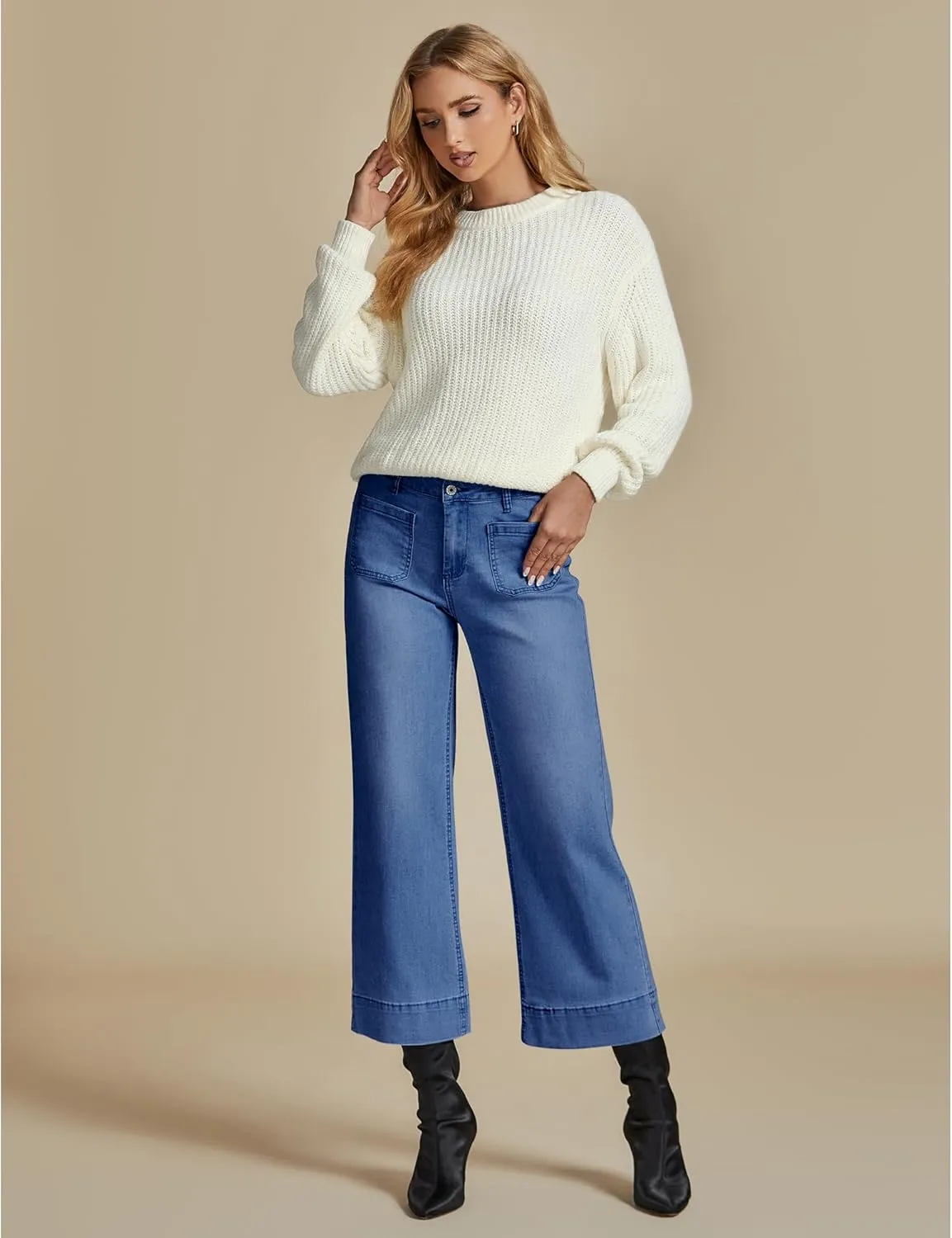 LookbookStore Wide Leg Cropped Jeans for Women High Waisted Stretchy Denim Jean Pants Baggy Flare Trouser Jeans Pockets
