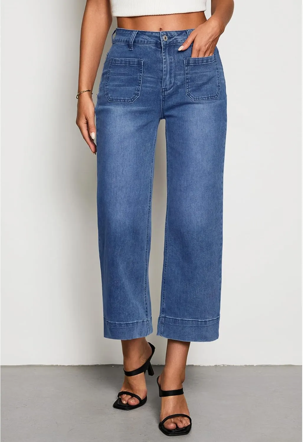 LookbookStore Wide Leg Cropped Jeans for Women High Waisted Stretchy Denim Jean Pants Baggy Flare Trouser Jeans Pockets