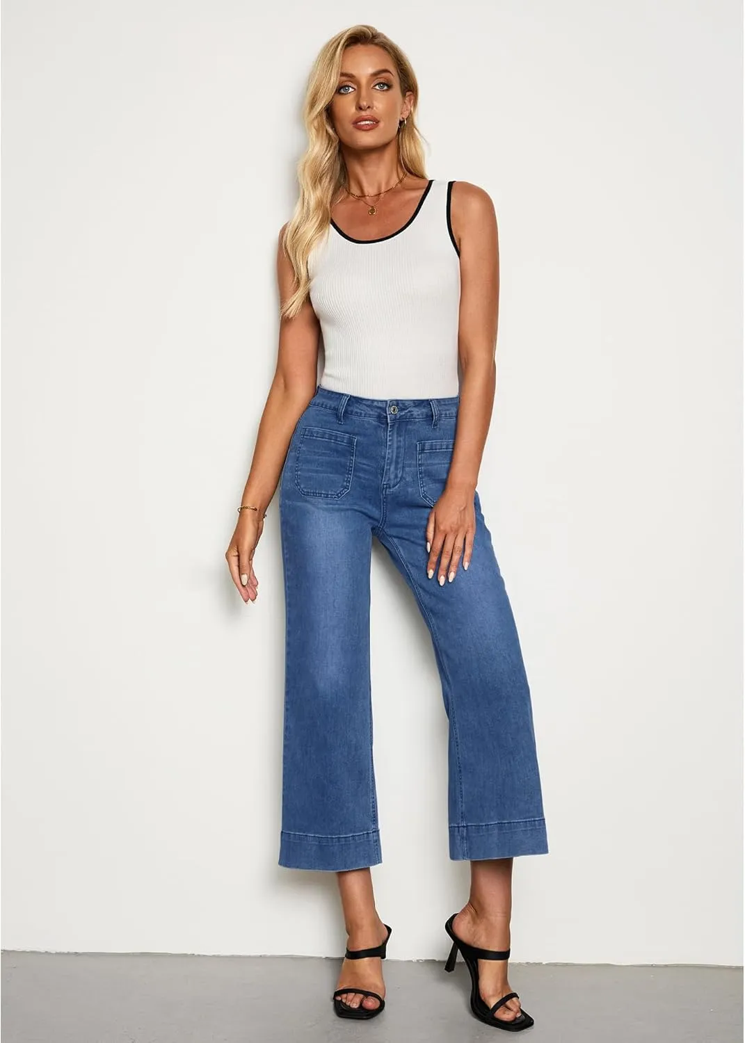 LookbookStore Wide Leg Cropped Jeans for Women High Waisted Stretchy Denim Jean Pants Baggy Flare Trouser Jeans Pockets