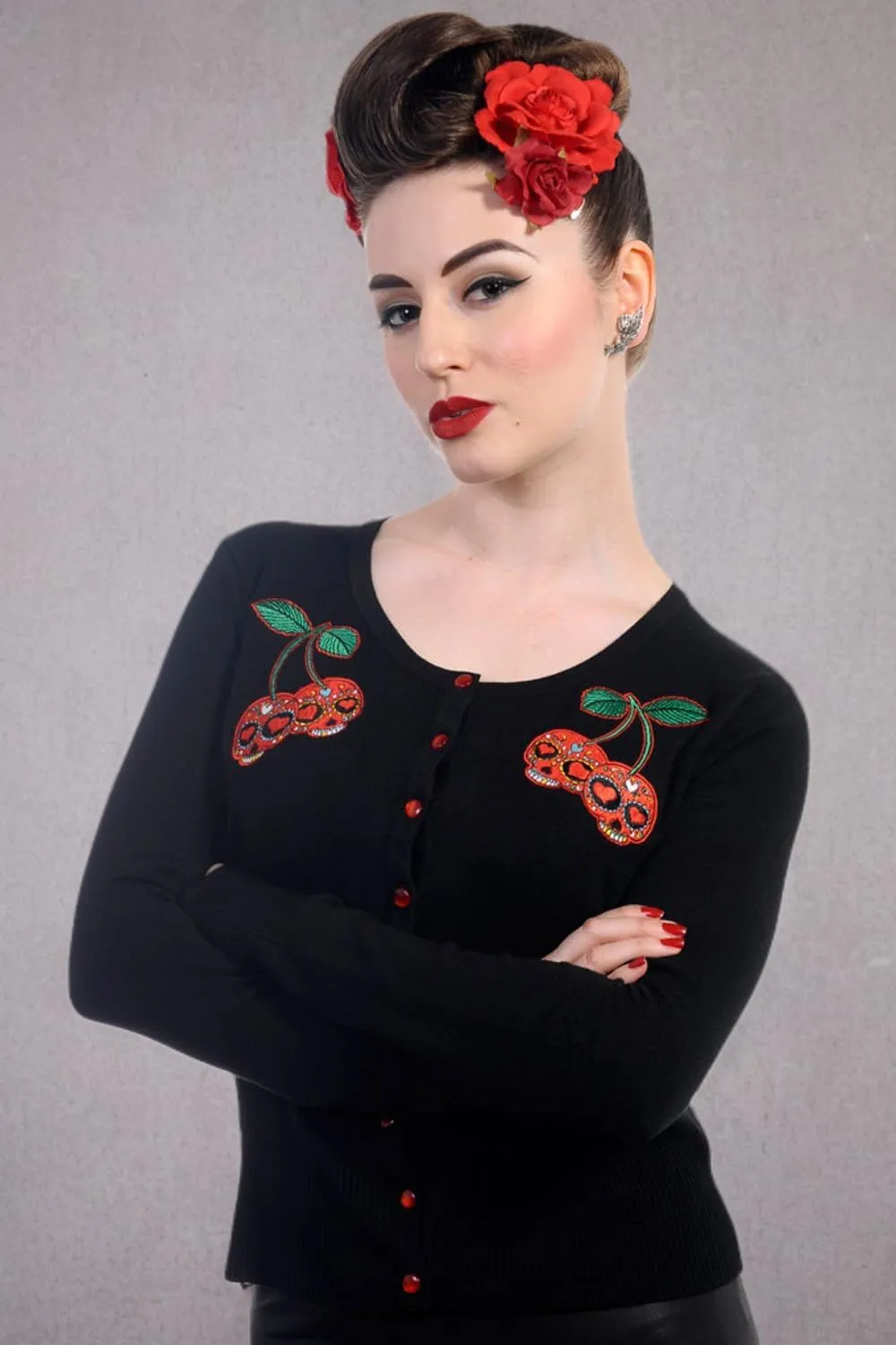 Lost Queen Rockabilly Pinup Skull Cherries Black Knit Cardigan