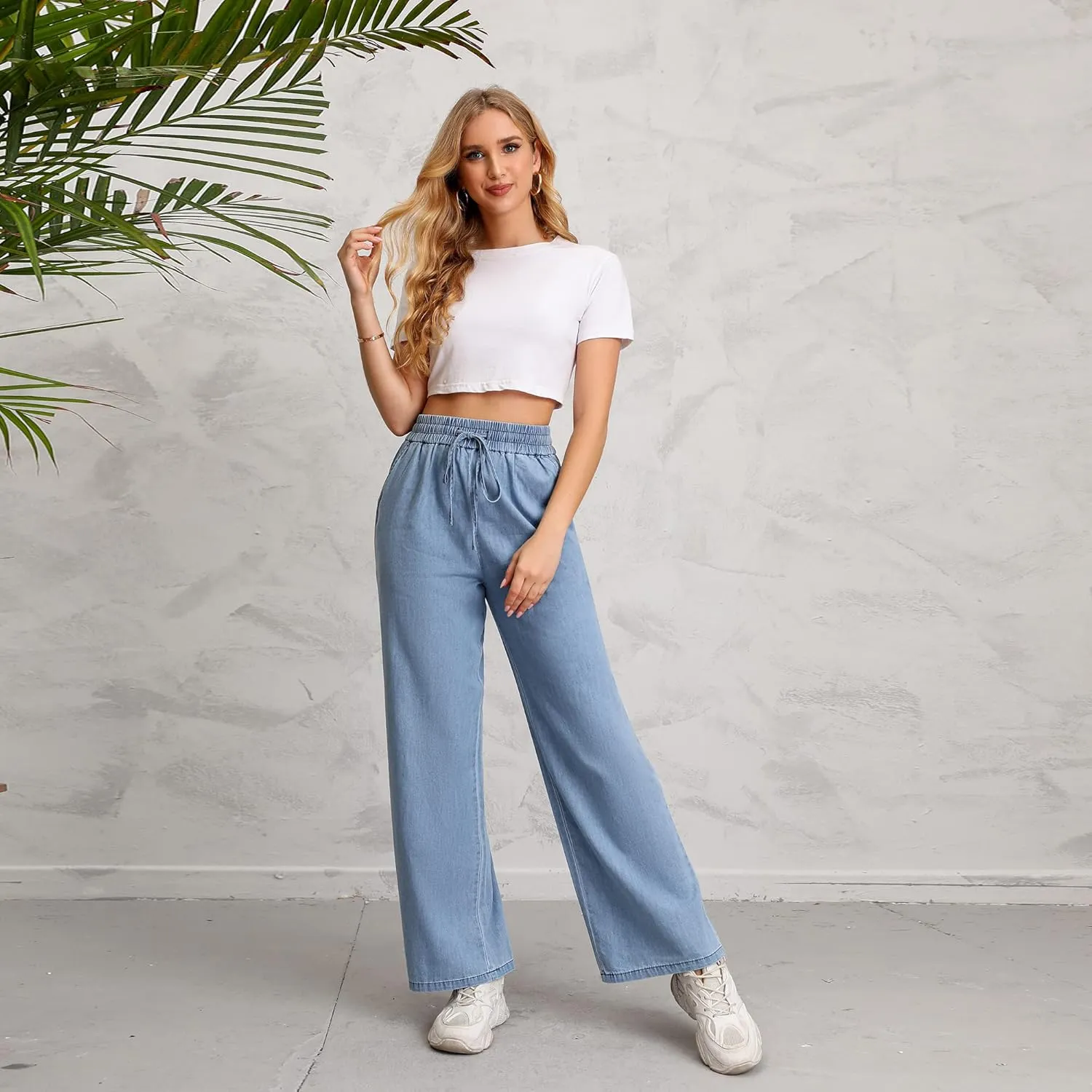 Love Welove Fashion Wide Leg Jeans for Women Elastic High Waisted Pull On Drawstring Baggy Denim Pants Plus Size 3XL