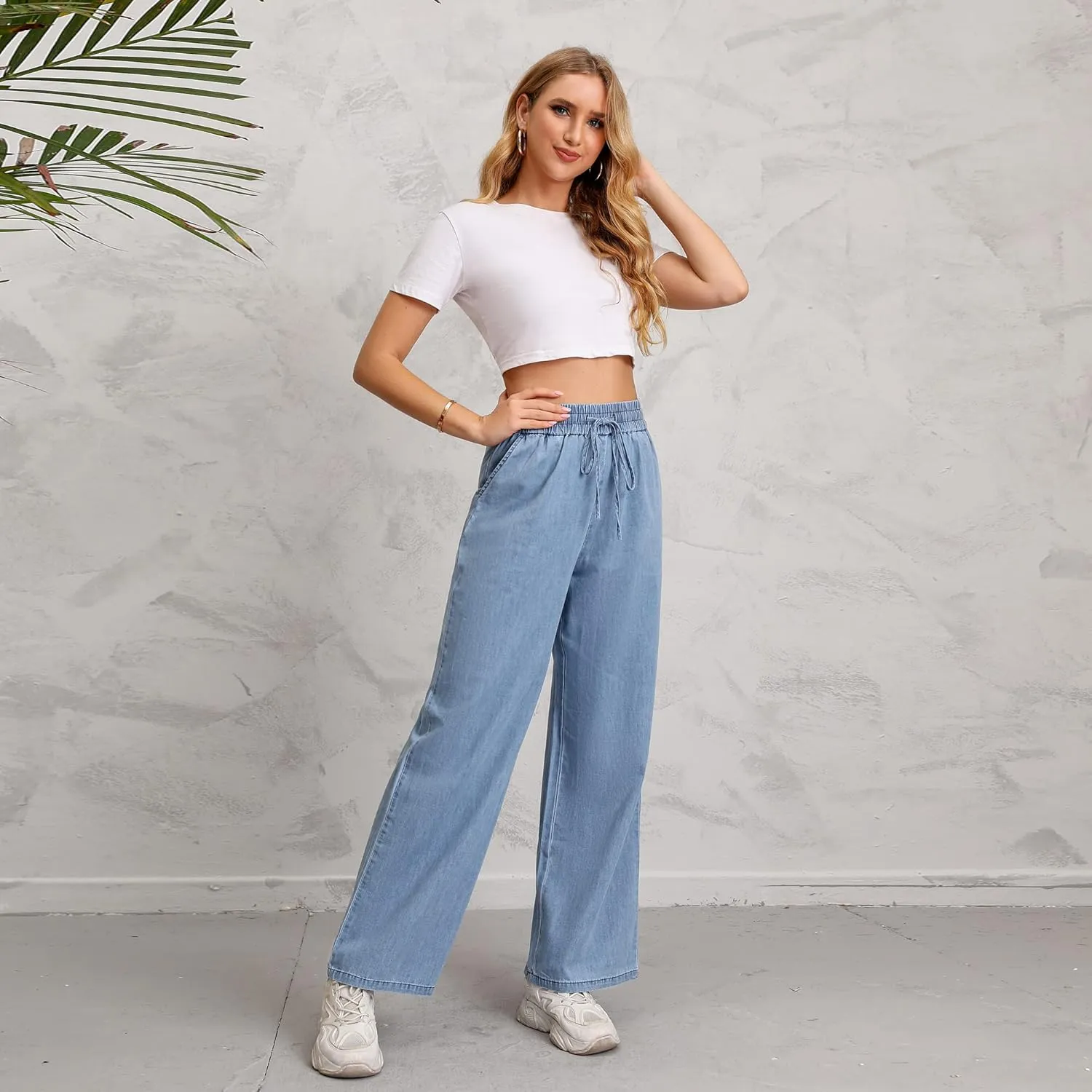 Love Welove Fashion Wide Leg Jeans for Women Elastic High Waisted Pull On Drawstring Baggy Denim Pants Plus Size 3XL