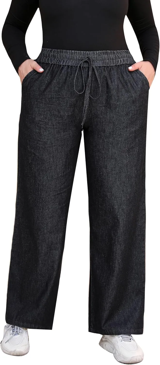 Love Welove Fashion Wide Leg Jeans for Women Elastic High Waisted Pull On Drawstring Baggy Denim Pants Plus Size 3XL