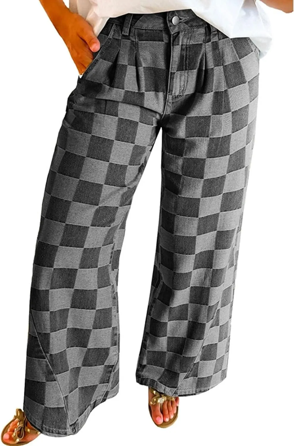 loveimgs Women Baggy Checkered Pants Patterned Denim Wide Leg Jeans Plaid Printed High Waisted Gingham Jeans