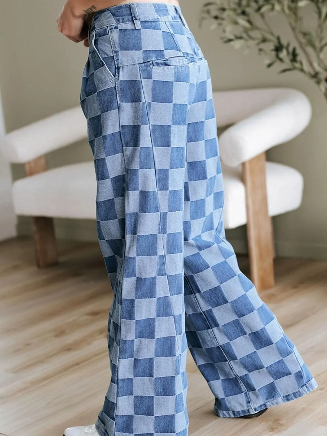 loveimgs Women Baggy Checkered Pants Patterned Denim Wide Leg Jeans Plaid Printed High Waisted Gingham Jeans
