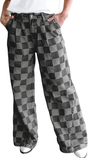 loveimgs Women Baggy Checkered Pants Patterned Denim Wide Leg Jeans Plaid Printed High Waisted Gingham Jeans