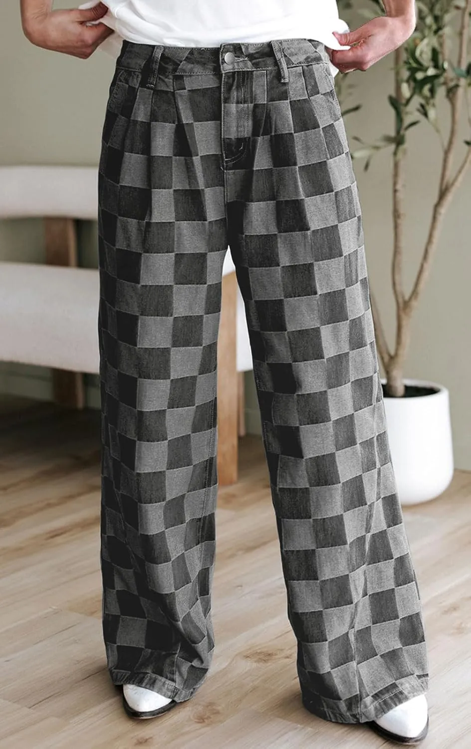 loveimgs Women Baggy Checkered Pants Patterned Denim Wide Leg Jeans Plaid Printed High Waisted Gingham Jeans