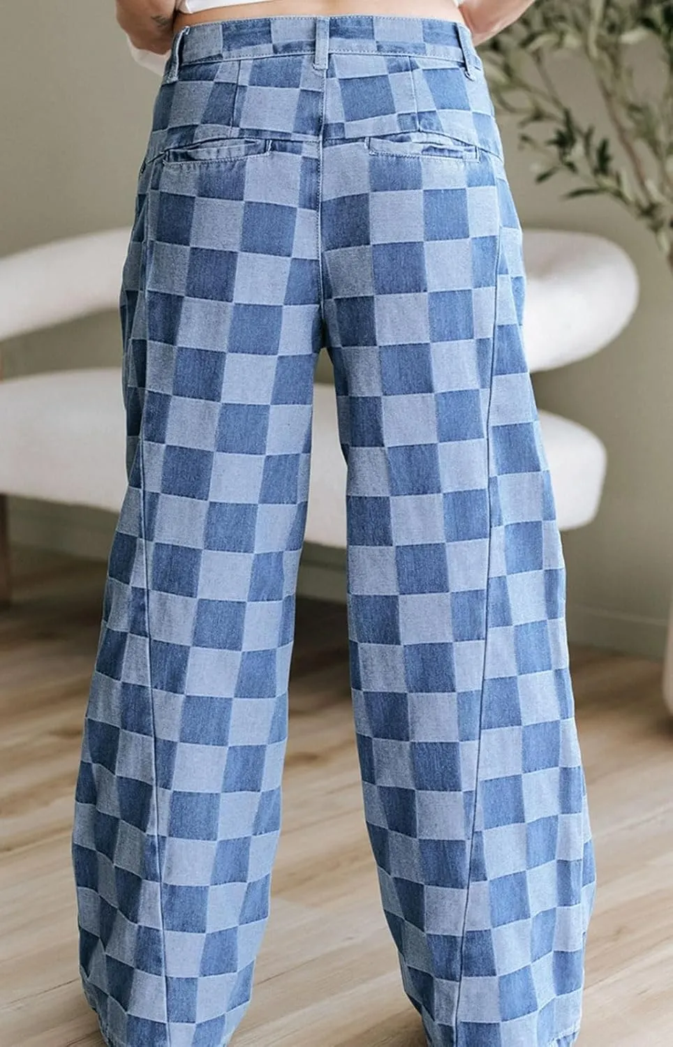 loveimgs Women Baggy Checkered Pants Patterned Denim Wide Leg Jeans Plaid Printed High Waisted Gingham Jeans