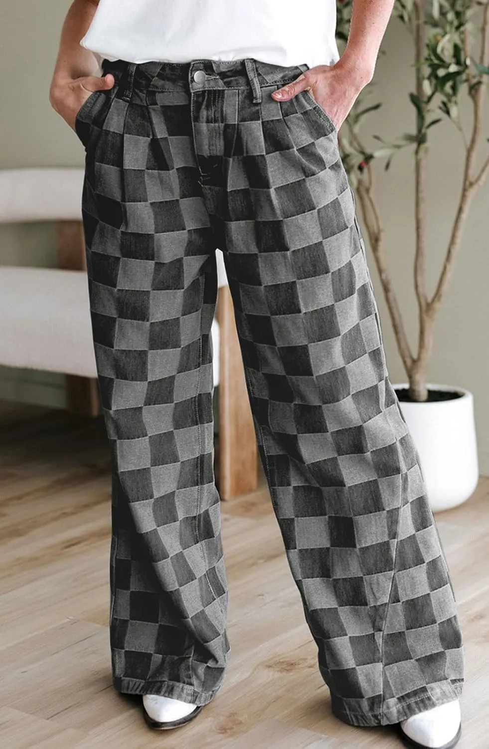 loveimgs Women Baggy Checkered Pants Patterned Denim Wide Leg Jeans Plaid Printed High Waisted Gingham Jeans