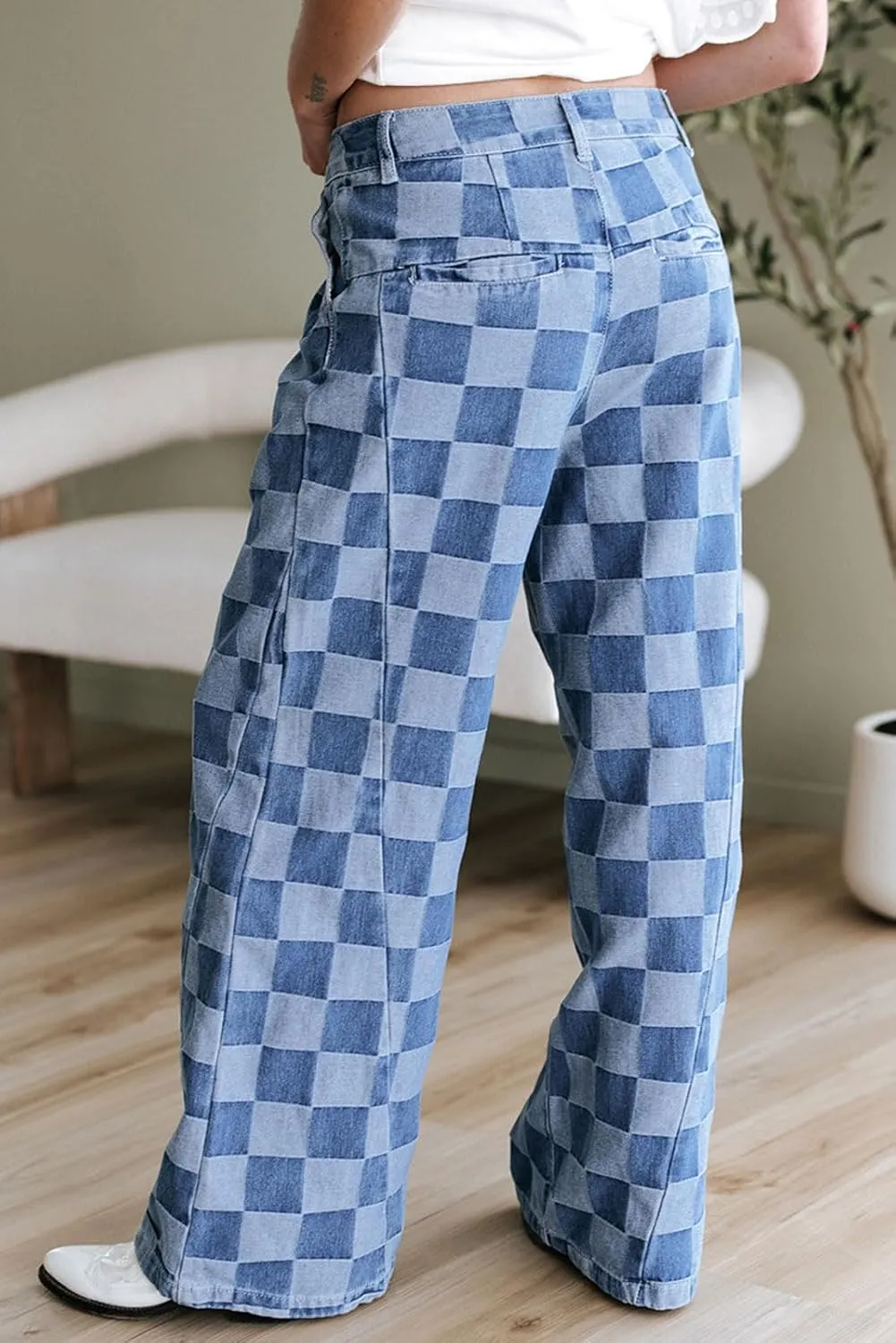 loveimgs Women Baggy Checkered Pants Patterned Denim Wide Leg Jeans Plaid Printed High Waisted Gingham Jeans