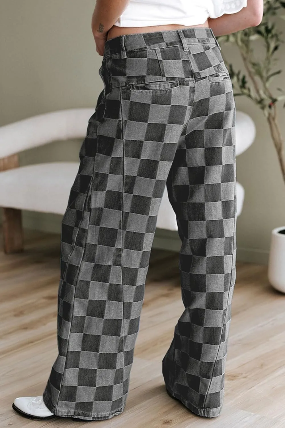 loveimgs Women Baggy Checkered Pants Patterned Denim Wide Leg Jeans Plaid Printed High Waisted Gingham Jeans