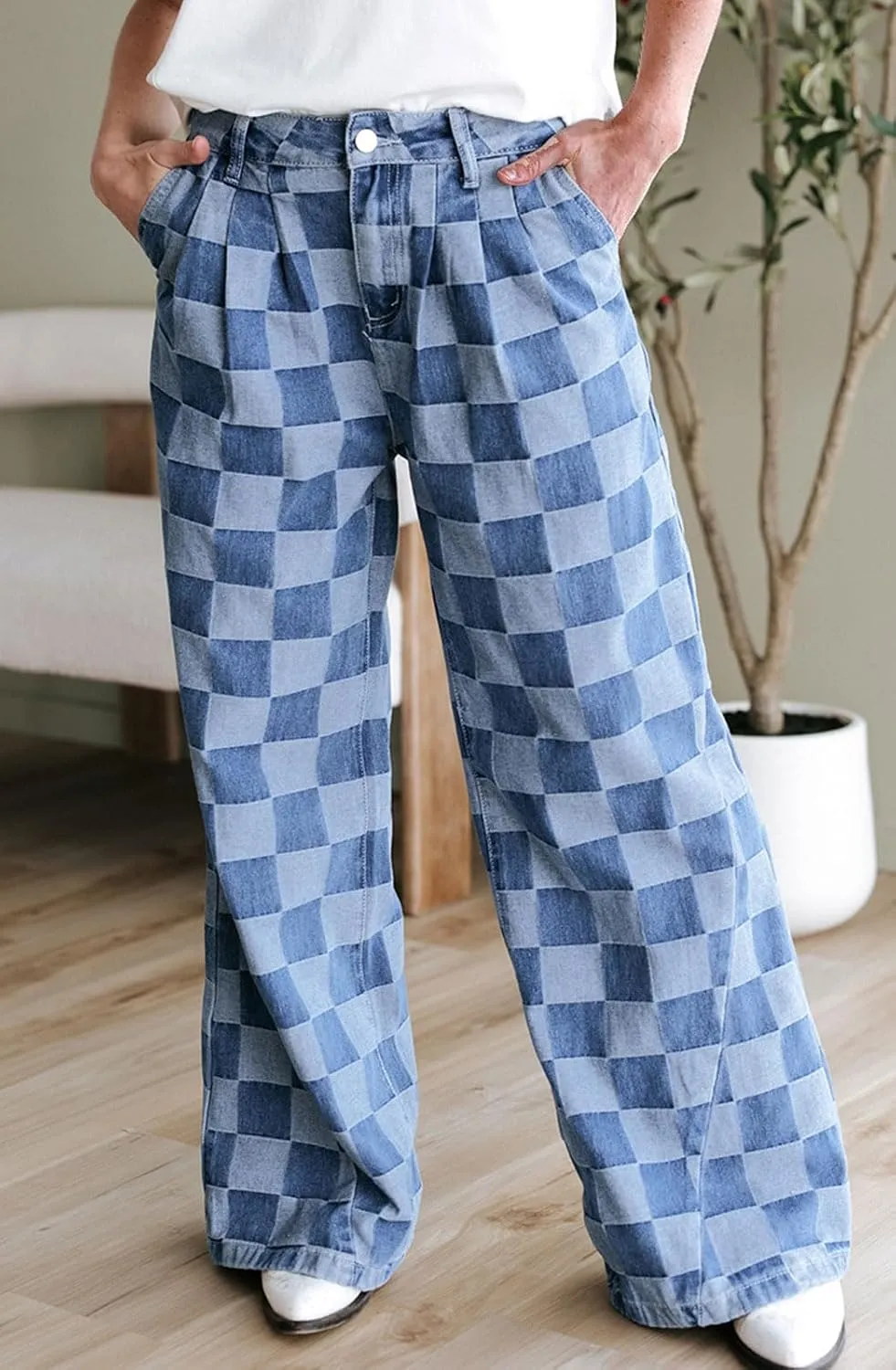 loveimgs Women Baggy Checkered Pants Patterned Denim Wide Leg Jeans Plaid Printed High Waisted Gingham Jeans