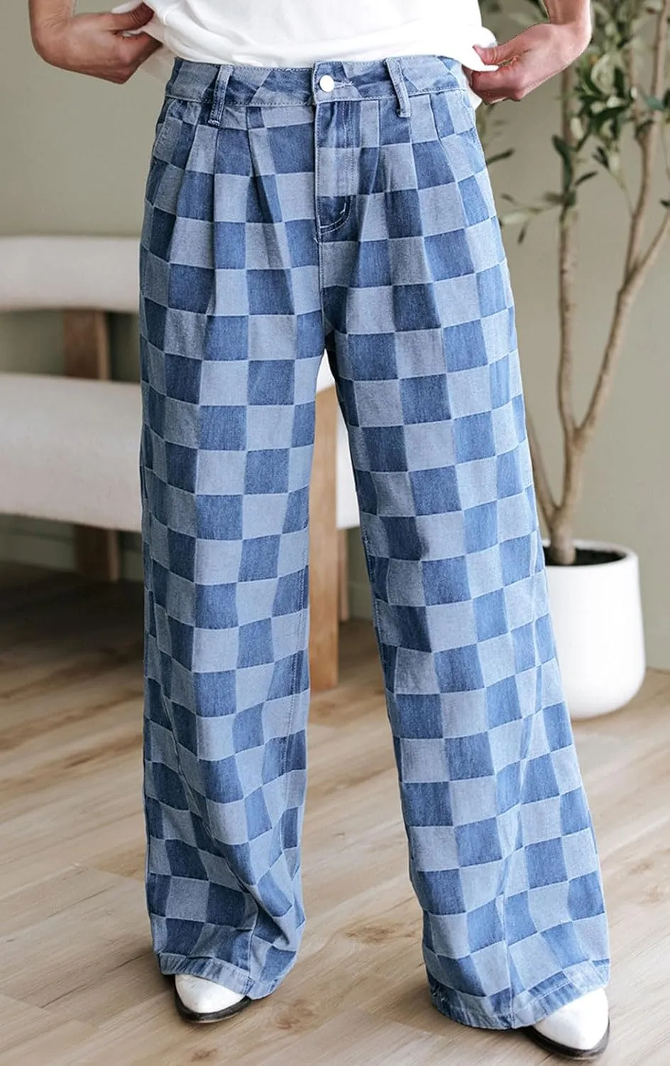 loveimgs Women Baggy Checkered Pants Patterned Denim Wide Leg Jeans Plaid Printed High Waisted Gingham Jeans