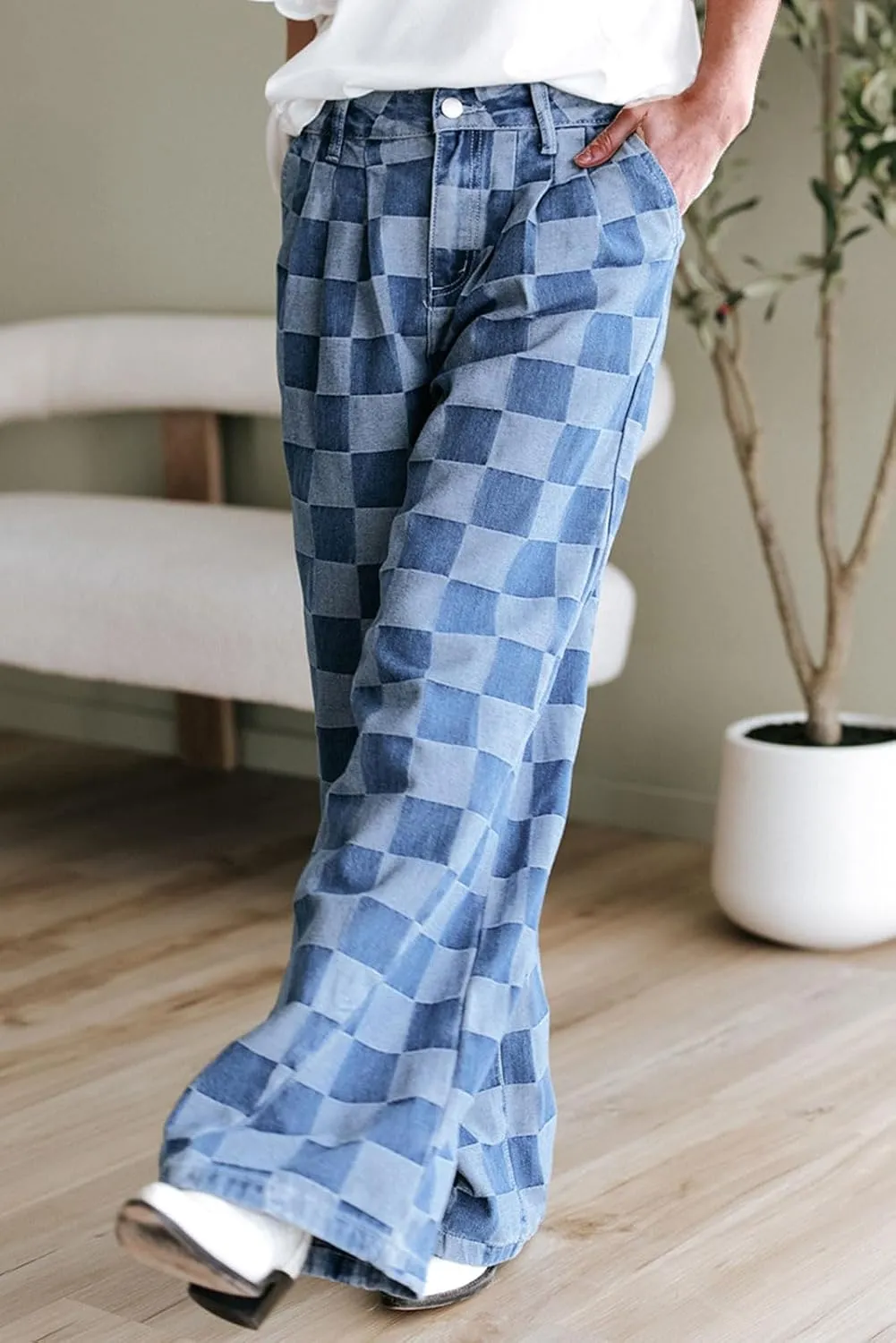 loveimgs Women Baggy Checkered Pants Patterned Denim Wide Leg Jeans Plaid Printed High Waisted Gingham Jeans