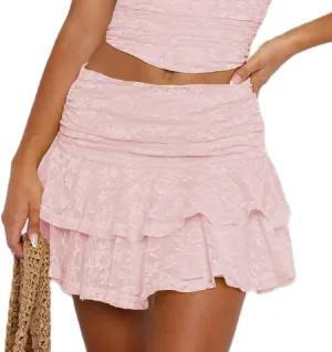 Luckinbaby Women Floral Lace Slip Skirts Low Waist Ruffle Layered Pleated Mini Skirts Y2k Flowy Tiered Short Skirt