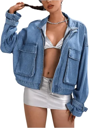 MakeMeChic Women's Oversized Long Sleeve Denim Jacket Drop Shoulder Flap Pocket Zip Up Coat