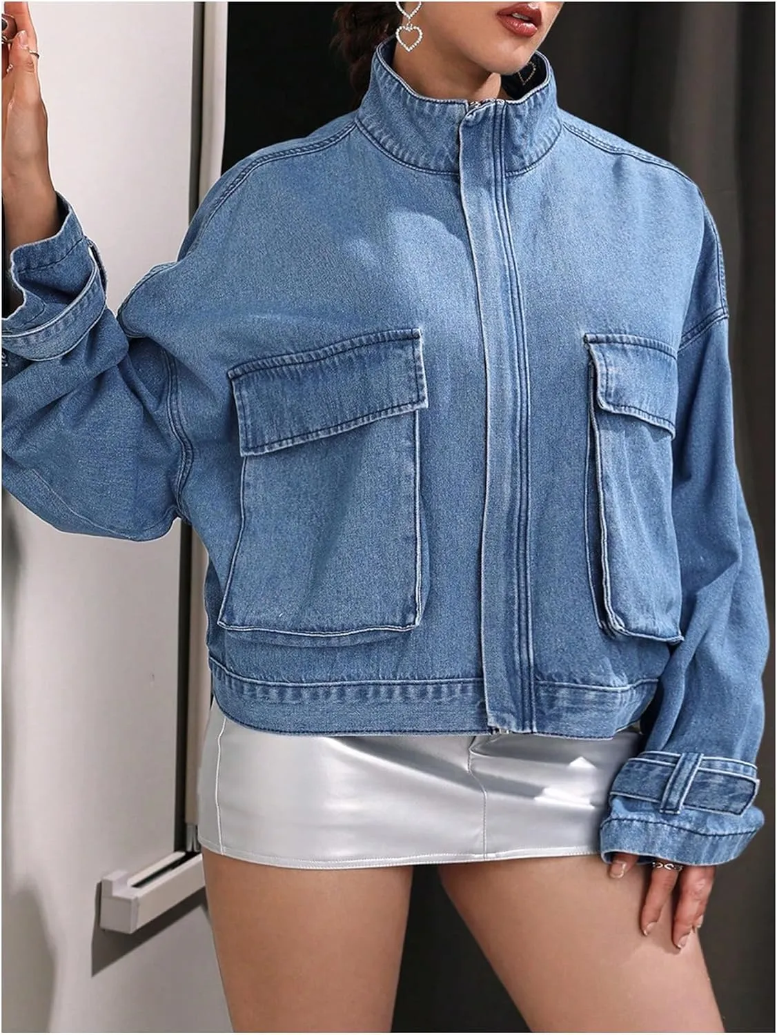 MakeMeChic Women's Oversized Long Sleeve Denim Jacket Drop Shoulder Flap Pocket Zip Up Coat