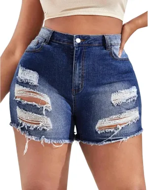 MapleHub Plus Size Women's Ripped Denim Jean Shorts High Waisted Stretchy Folded Hem Short Jeans