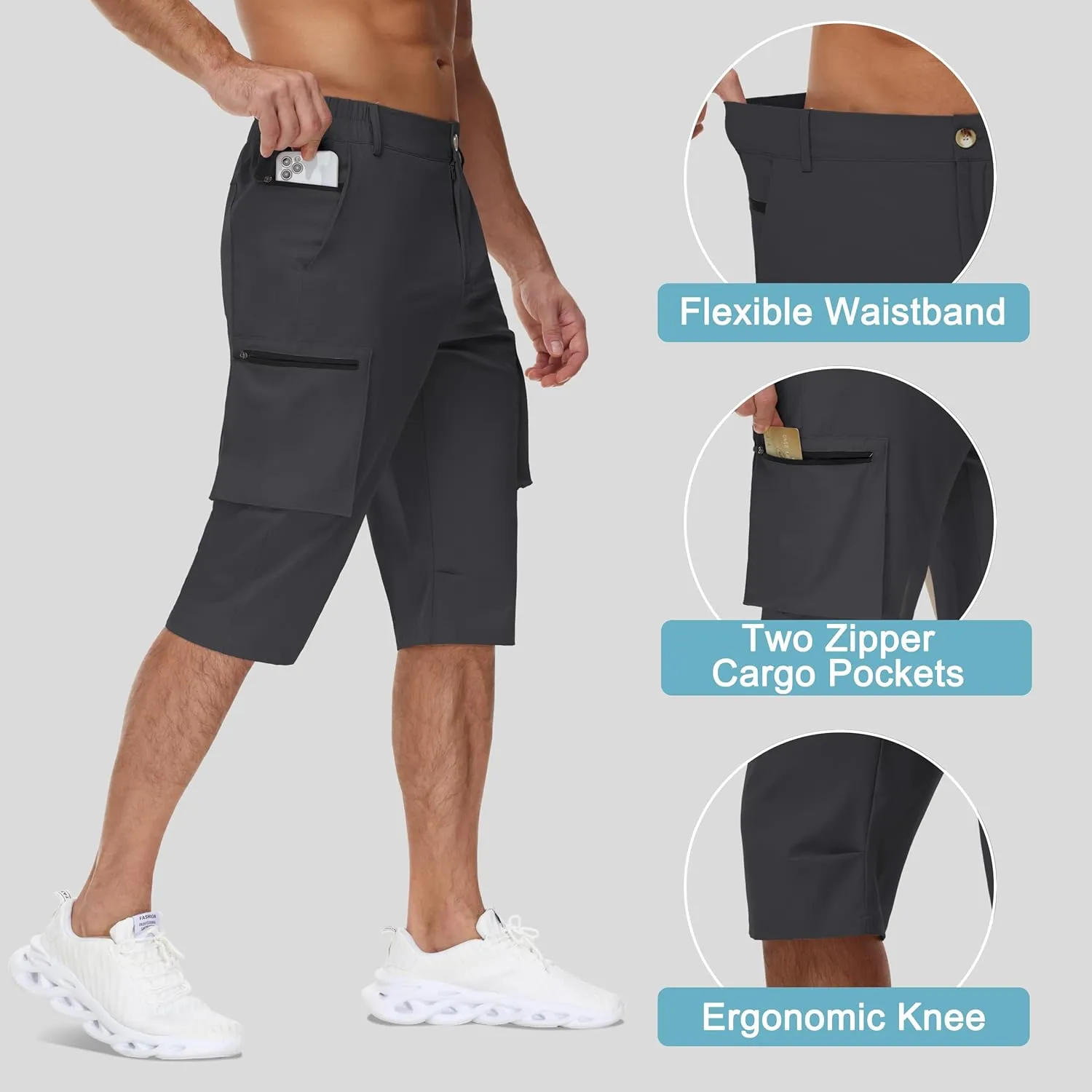 Men's 15" Long Shorts Below Knee Capri Hiking Casual Cargo Short Zippers Pockets Quick Dry Lightweight Water Resistant