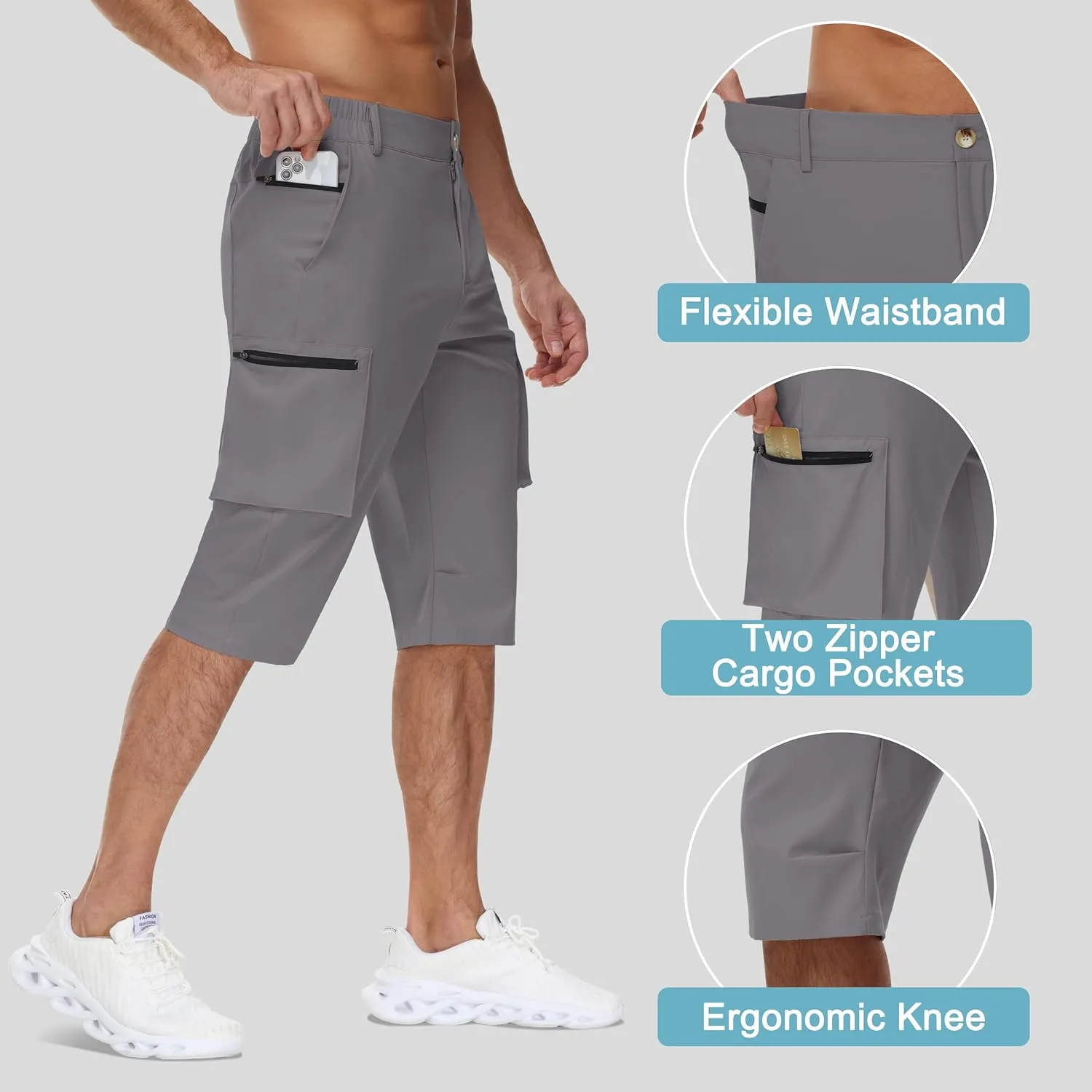 Men's 15" Long Shorts Below Knee Capri Hiking Casual Cargo Short Zippers Pockets Quick Dry Lightweight Water Resistant