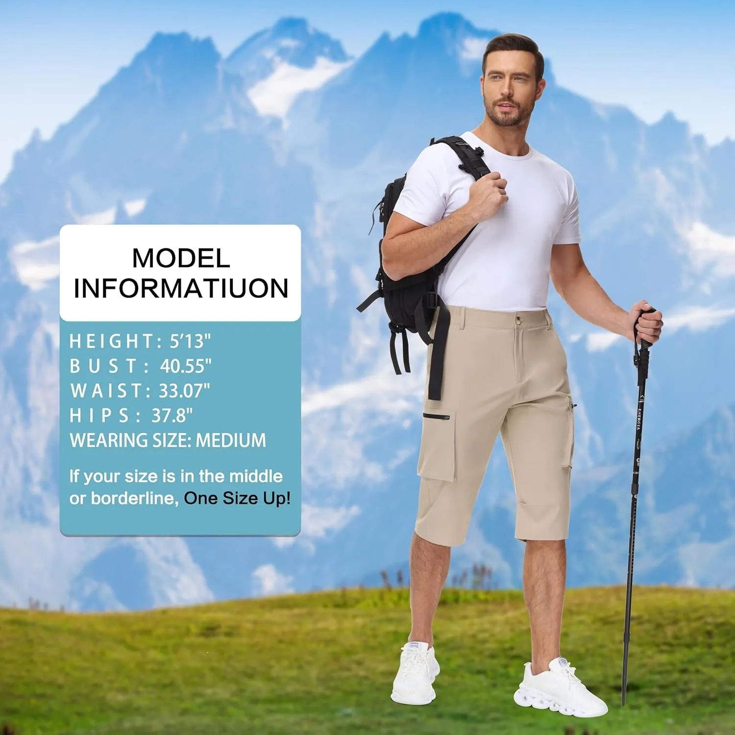 Men's 15" Long Shorts Below Knee Capri Hiking Casual Cargo Short Zippers Pockets Quick Dry Lightweight Water Resistant