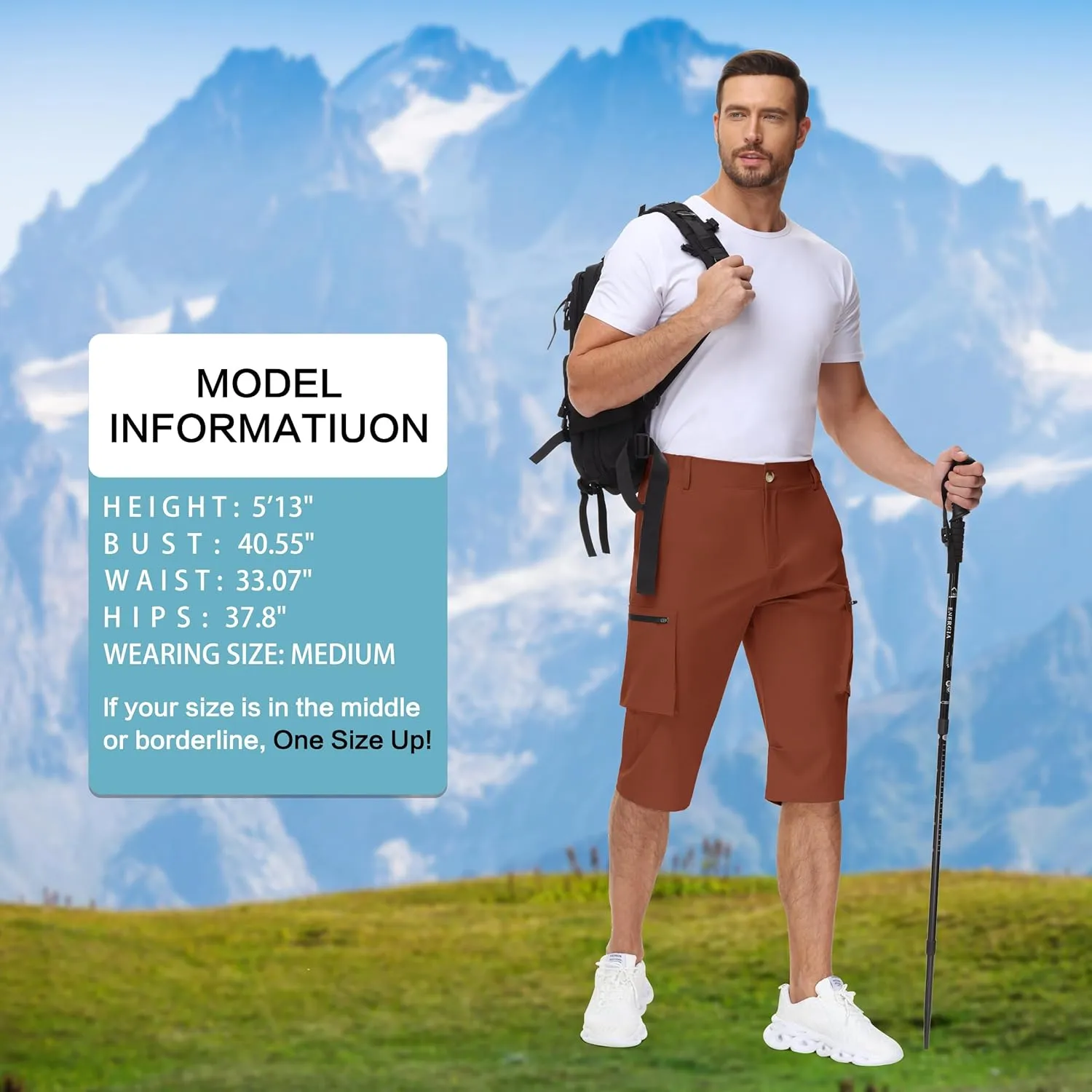 Men's 15" Long Shorts Below Knee Capri Hiking Casual Cargo Short Zippers Pockets Quick Dry Lightweight Water Resistant