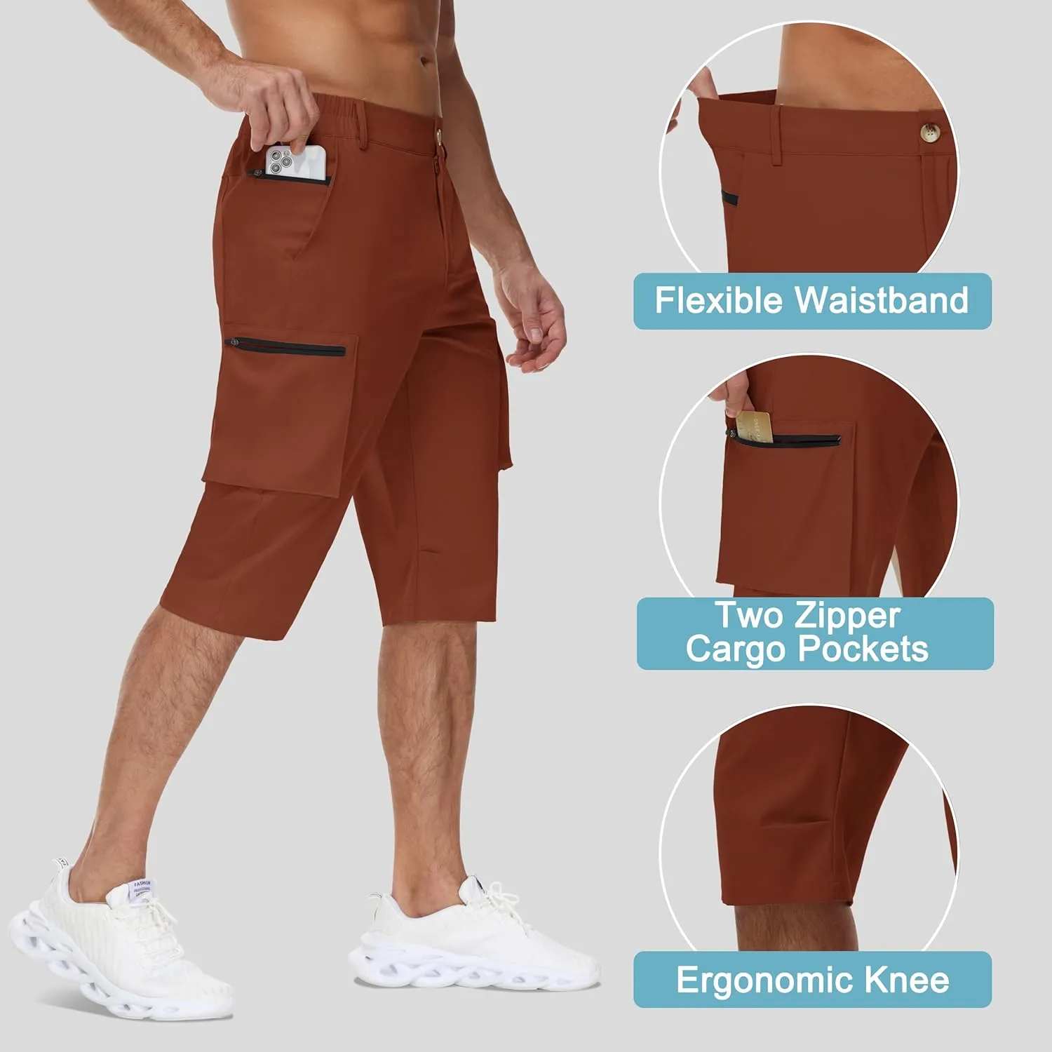 Men's 15" Long Shorts Below Knee Capri Hiking Casual Cargo Short Zippers Pockets Quick Dry Lightweight Water Resistant