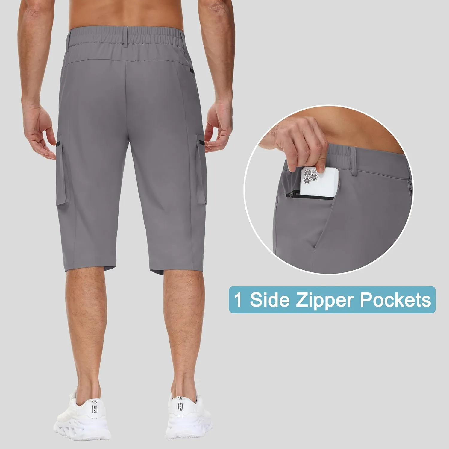 Men's 15" Long Shorts Below Knee Capri Hiking Casual Cargo Short Zippers Pockets Quick Dry Lightweight Water Resistant