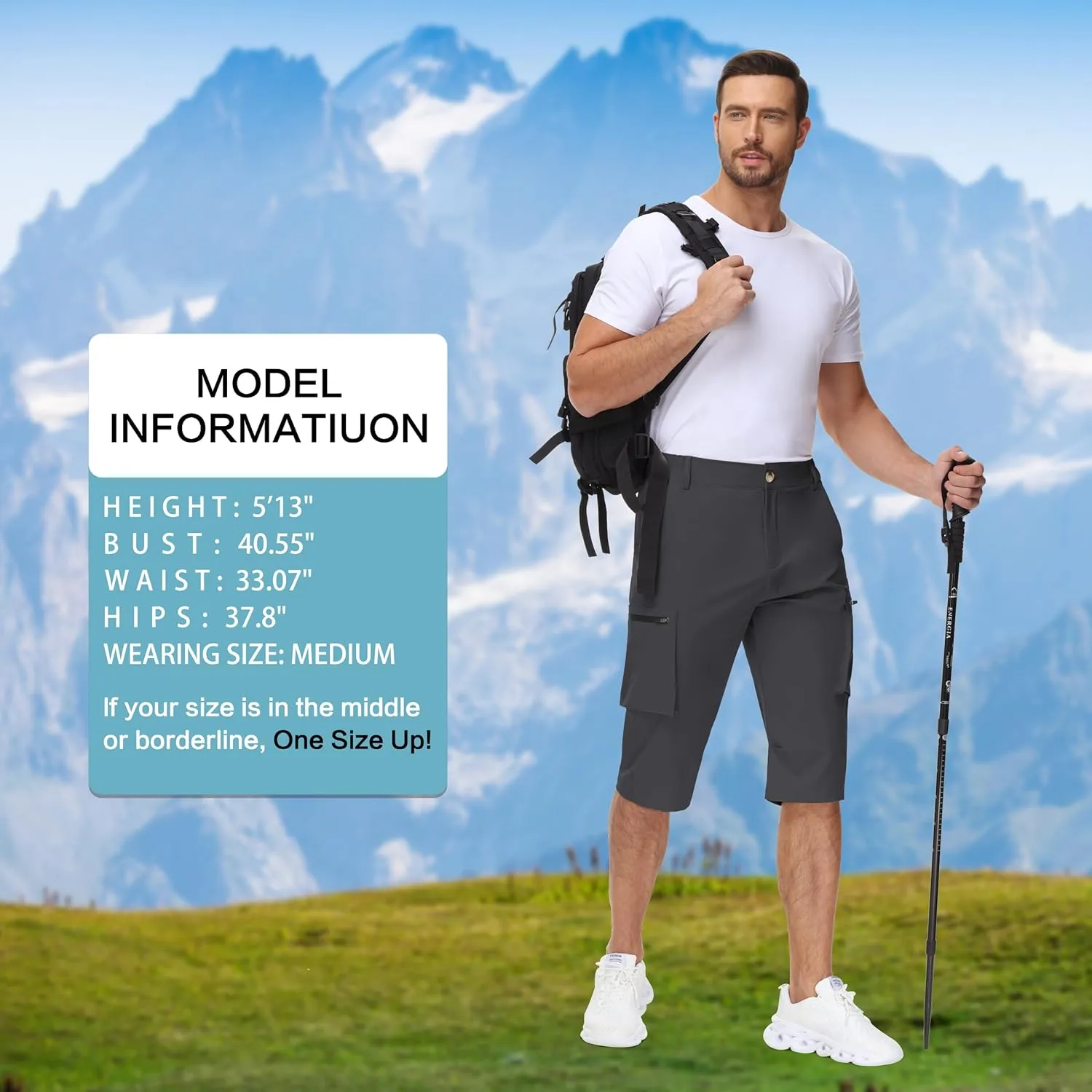Men's 15" Long Shorts Below Knee Capri Hiking Casual Cargo Short Zippers Pockets Quick Dry Lightweight Water Resistant