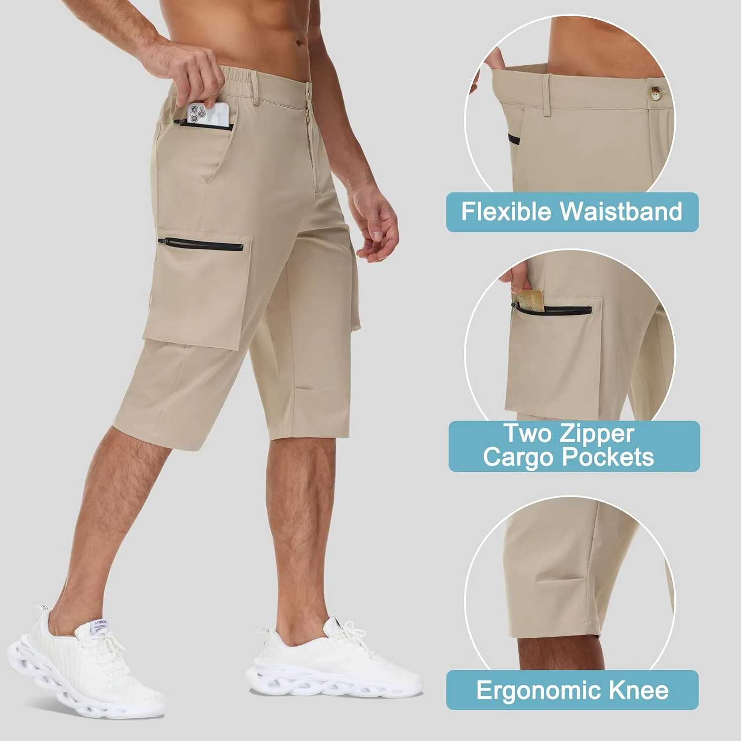Men's 15" Long Shorts Below Knee Capri Hiking Casual Cargo Short Zippers Pockets Quick Dry Lightweight Water Resistant