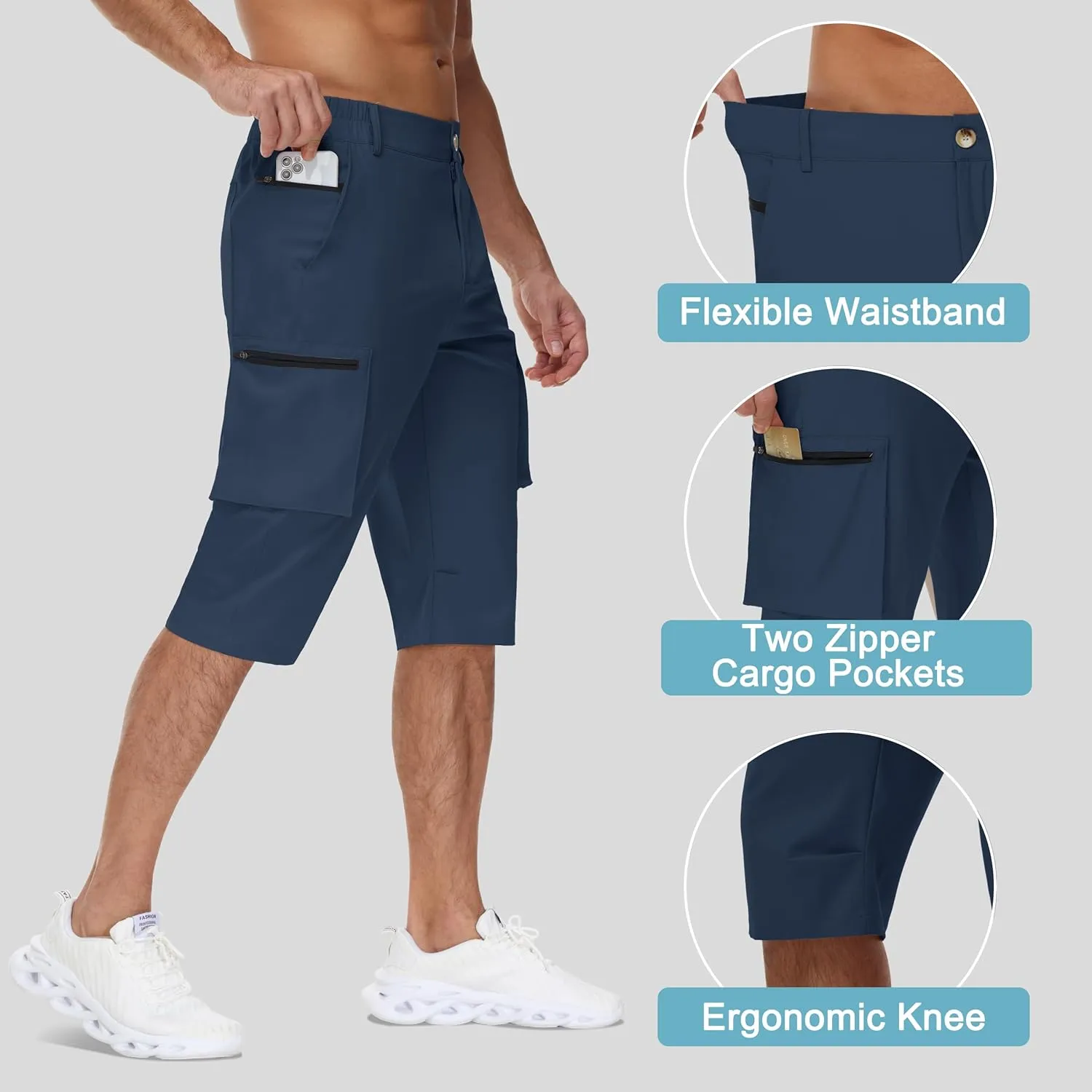 Men's 15" Long Shorts Below Knee Capri Hiking Casual Cargo Short Zippers Pockets Quick Dry Lightweight Water Resistant