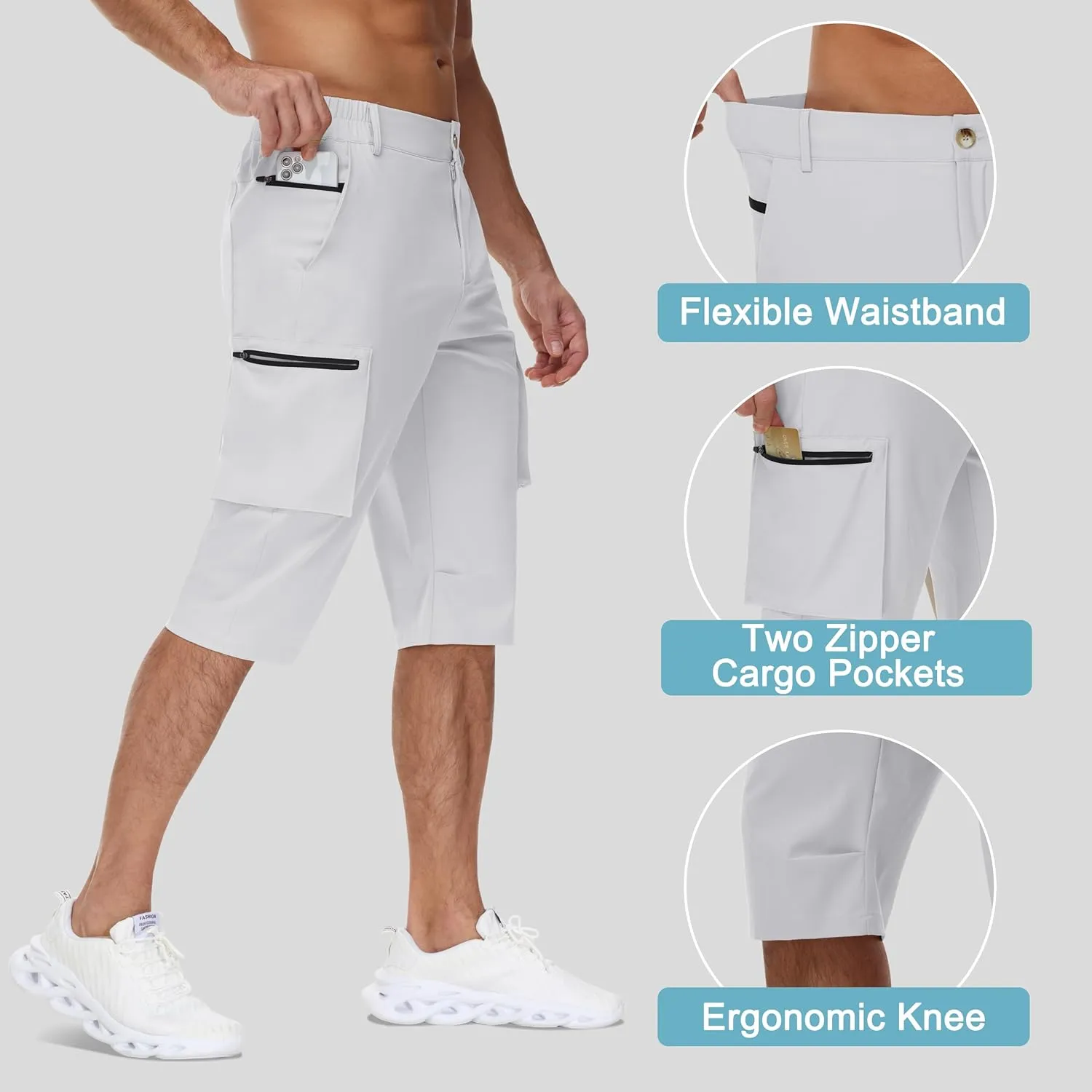Men's 15" Long Shorts Below Knee Capri Hiking Casual Cargo Short Zippers Pockets Quick Dry Lightweight Water Resistant