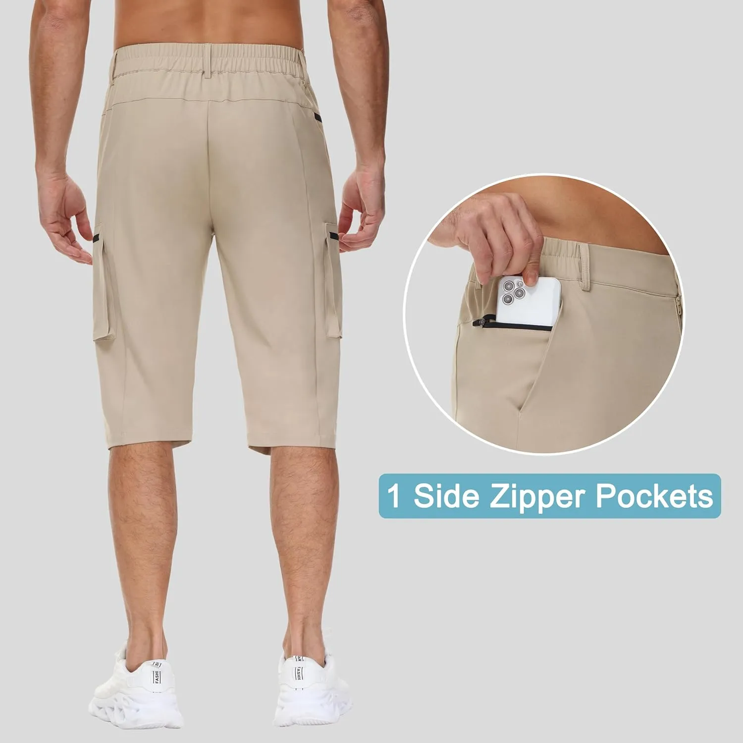 Men's 15" Long Shorts Below Knee Capri Hiking Casual Cargo Short Zippers Pockets Quick Dry Lightweight Water Resistant