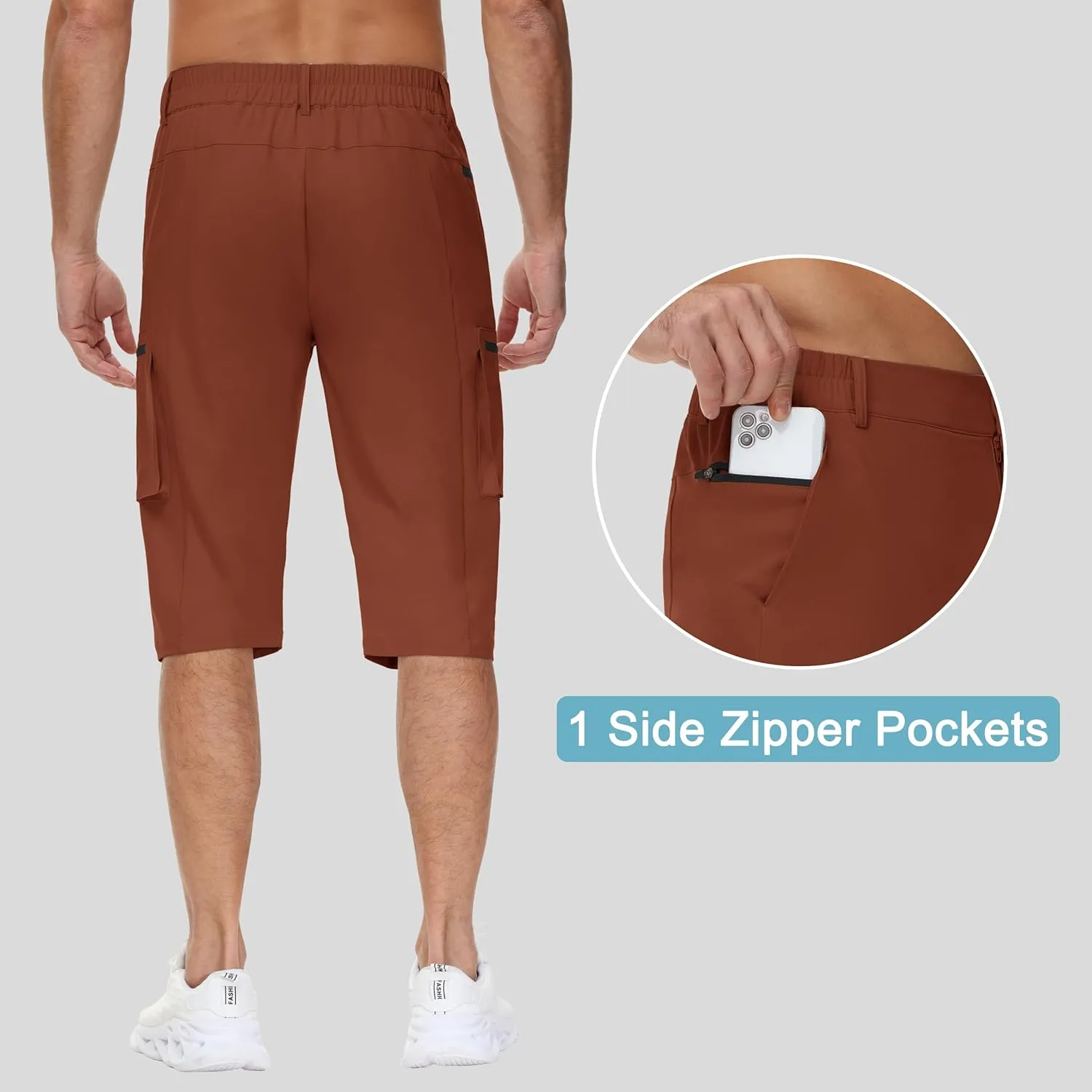 Men's 15" Long Shorts Below Knee Capri Hiking Casual Cargo Short Zippers Pockets Quick Dry Lightweight Water Resistant