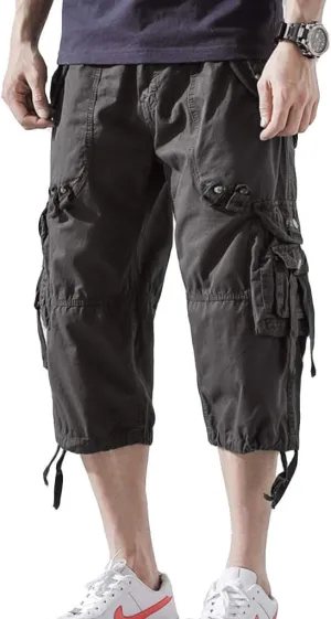 Mens Cargo Shorts 3/4 Relaxed Fit Below Knee Capri Cargo Pants Cotton