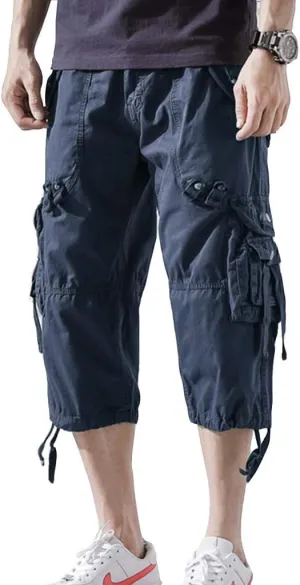Mens Cargo Shorts 3/4 Relaxed Fit Below Knee Capri Cargo Pants Cotton