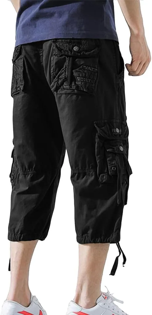 Mens Cargo Shorts 3/4 Relaxed Fit Below Knee Capri Cargo Pants Cotton