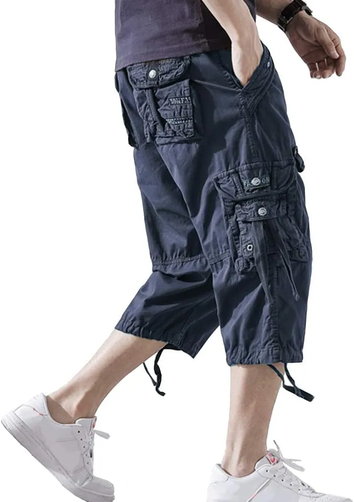 Mens Cargo Shorts 3/4 Relaxed Fit Below Knee Capri Cargo Pants Cotton