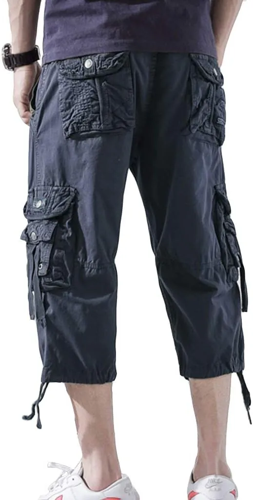 Mens Cargo Shorts 3/4 Relaxed Fit Below Knee Capri Cargo Pants Cotton